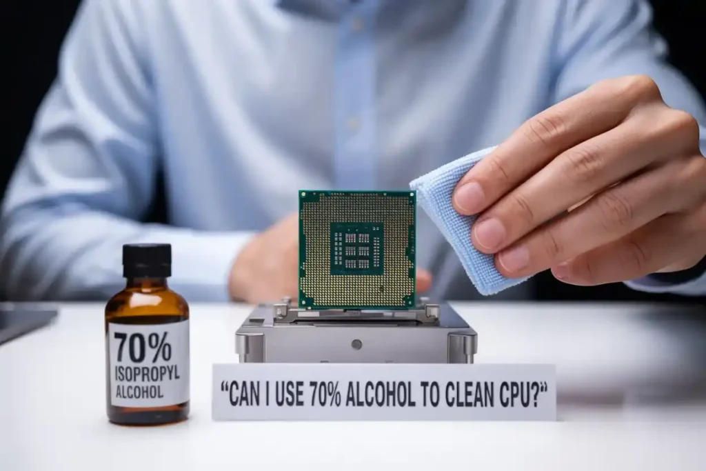 Cleaning a CPU using 70% isopropyl alcohol and a microfiber cloth – follow safe handling practices