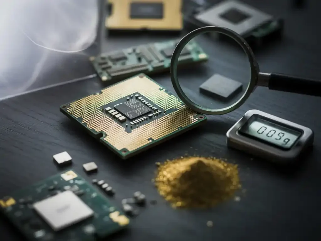 A top-down view of a dismantled computer processor surrounded by other electronic components. In the foreground, there's a small pile of shiny gold flakes next to a digital scale displaying "0.09g." A magnifying glass is positioned over the processor, highlighting its intricate pin grid array and a central chip.