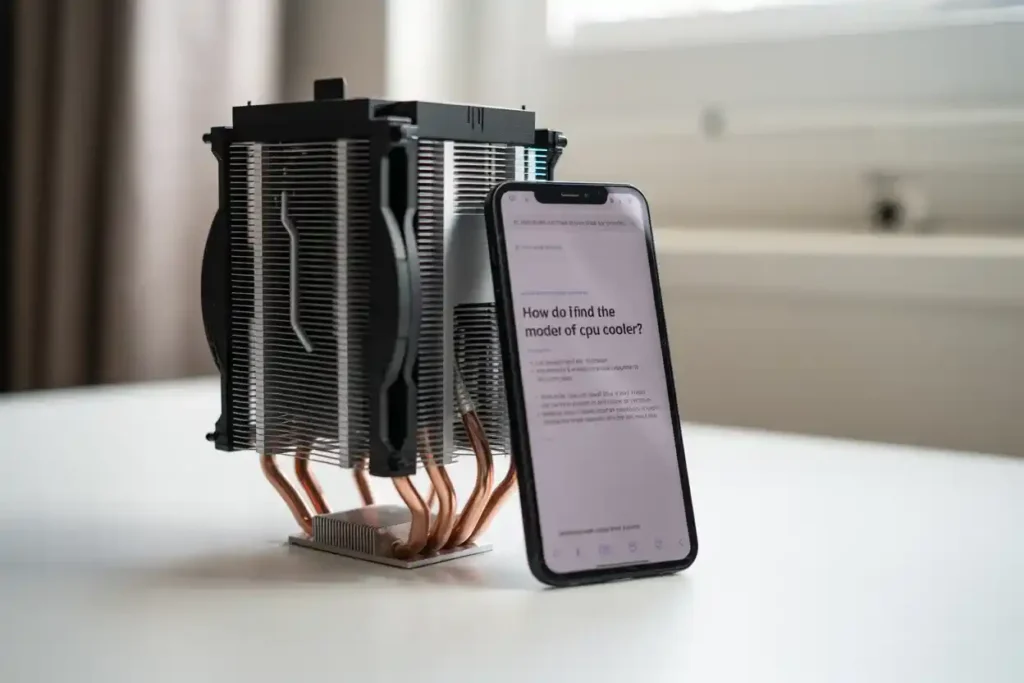 A standalone air-cooled CPU cooler with copper heat pipes is shown next to a smartphone displaying an article with the title "How do I find the model of my CPU cooler?" on its screen.