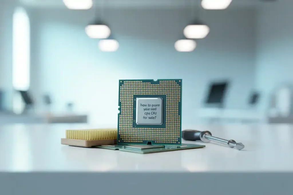 A detailed close-up of a computer CPU standing on a table, next to a brush and a screwdriver. The CPU has the text "how to prepare your used cpu for sale?" written on it. The background is a blurry office.