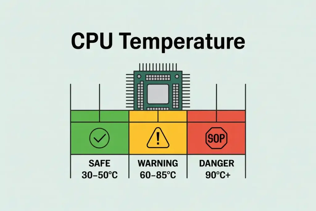 CPU temperature chart showing Safe range 30–50°C, Warning 60–85°C, and Danger 90°C+, with green, yellow, and red color zones
