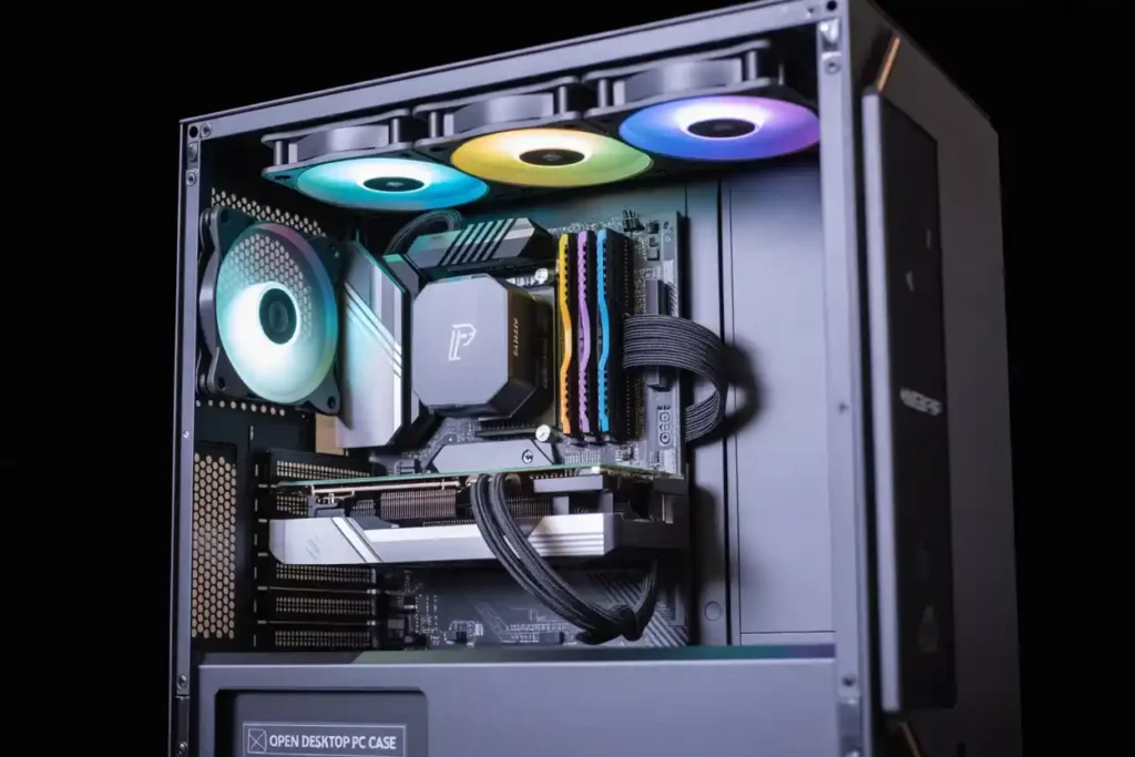 Clean desktop PC case with organized cables, RGB fans, and liquid CPU cooler setup for optimal airflow and cooling performance