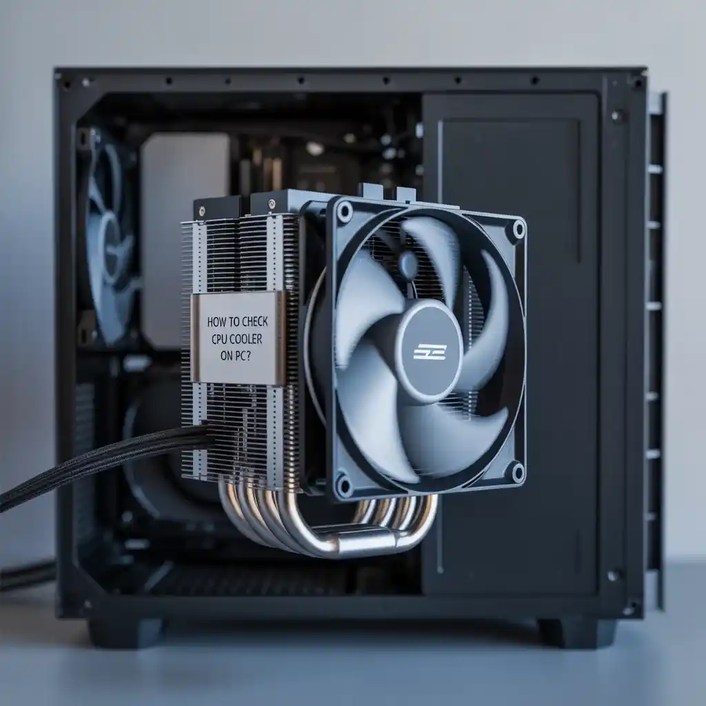 A black and silver tower-style CPU cooler with a large fan attached is mounted inside an open, compact black PC case. The cooler has aluminum fins, copper heat pipes bending below it, and a sticker on the side that reads "HOW TO CHECK CPU COOLER ON PC?".