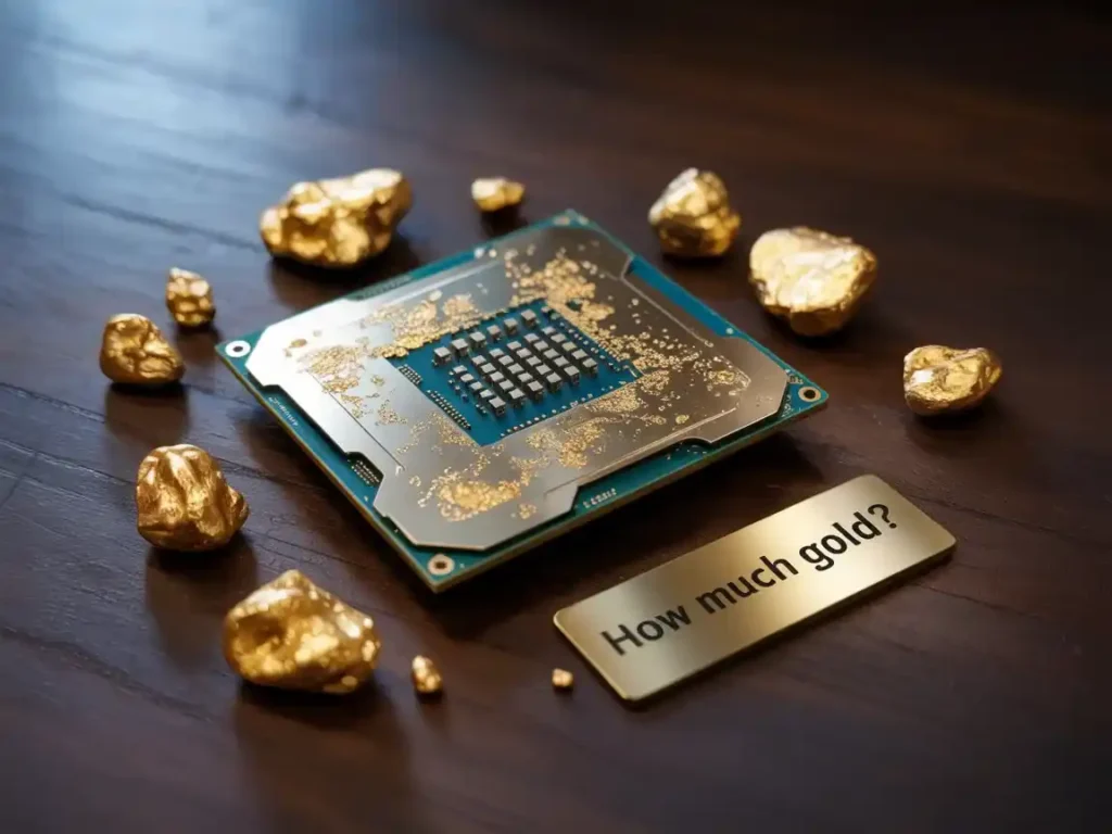 A central processing unit (CPU) is placed on a wooden surface, with gold flakes scattered across its surface and on the surrounding area. It's surrounded by several small gold nuggets of various sizes. A small, brass-colored plaque to the right of the CPU has the text "How much gold?" engraved on it.