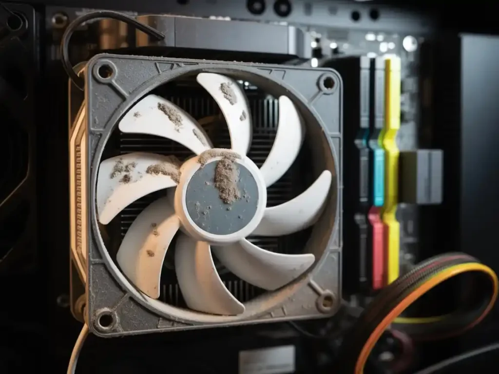 Close-up of a CPU fan inside a computer, covered in thick dust before cleaning.