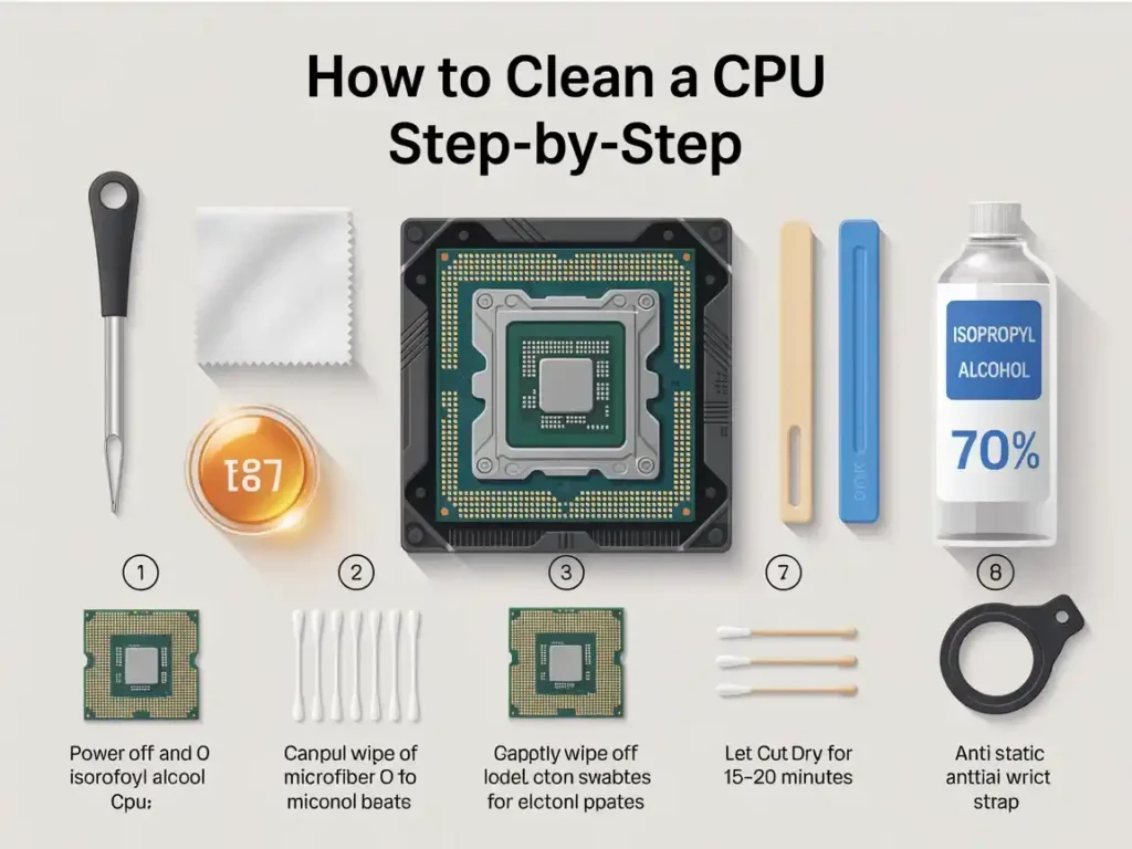 Infographic showing step-by-step guide to clean a CPU using 70% isopropyl alcohol. Includes tools like microfiber cloth, cotton swabs, anti-static wrist strap, and plastic spudger. Each step is visually represented from powering off the system to drying the CPU for 15–20 minutes.
