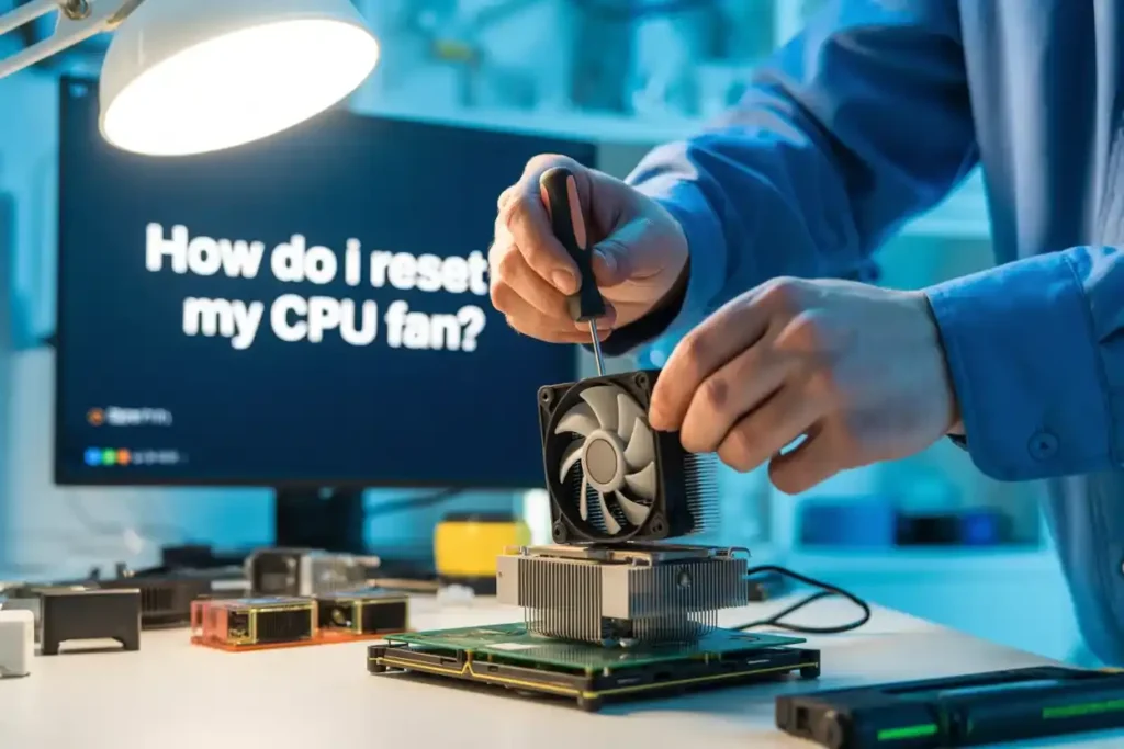 Person resetting CPU fan with tools, monitor showing “How do I reset my CPU fan?