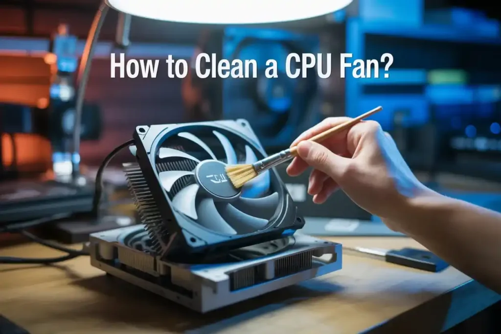 Hand using a soft brush to clean a CPU cooling fan placed on a desk, with text "How to Clean a CPU Fan?" in the background showing proper PC fan maintenance technique.