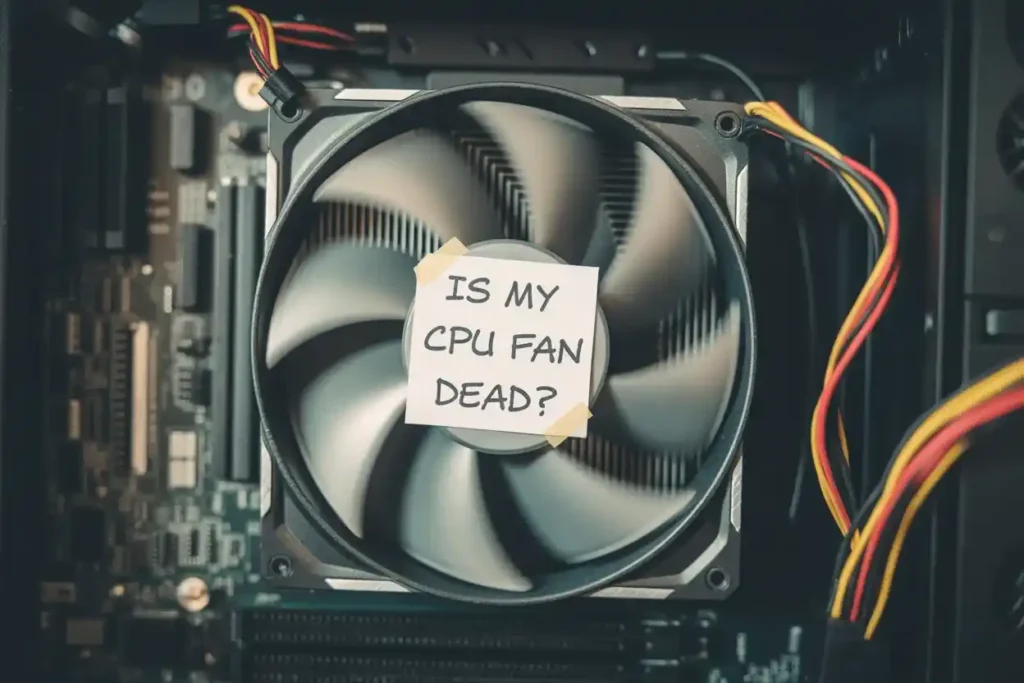 CPU fan with "Is My CPU Fan Dead?" note hardware troubleshooting concept.
