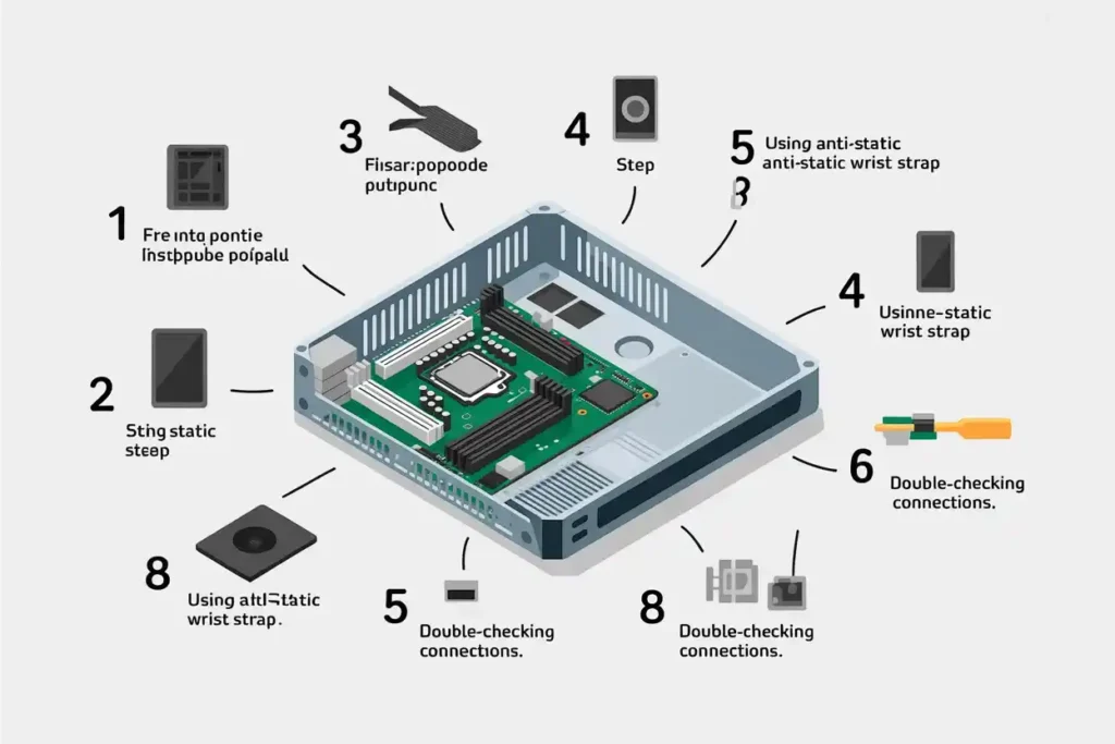 Illustration showing the steps for installing a motherboard inside a computer case, including using anti-static wrist straps, checking connections, and handling components safely.