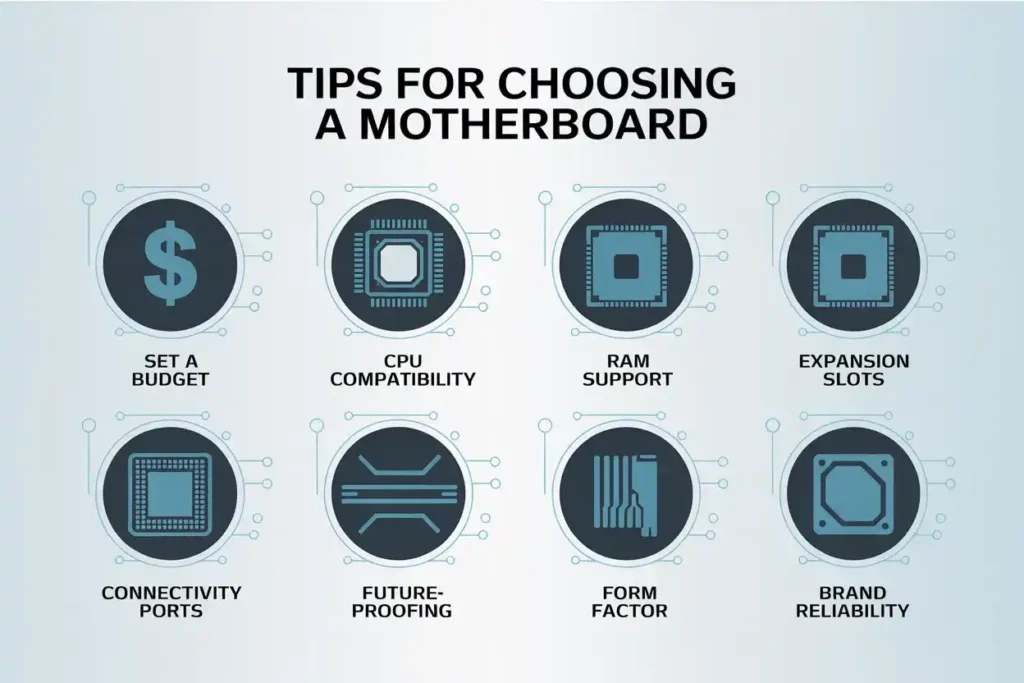 Infographic showing key tips for choosing a motherboard, including setting a budget, checking CPU compatibility, RAM support, expansion slots, connectivity ports, future-proofing, form factor, and brand reliability.