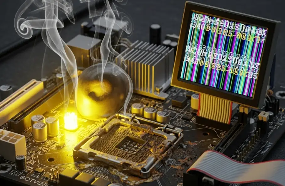 A damaged motherboard with a yellow light, smoking components, and a small monitor displaying corrupted data, illustrating the dangers of a yellow light on PC health
