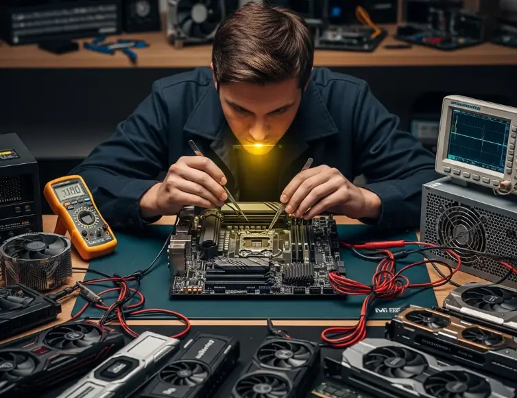 A person in a workshop fixing a PC, focusing on a yellow light on the motherboard with various graphics cards and other parts laid out nearby.
